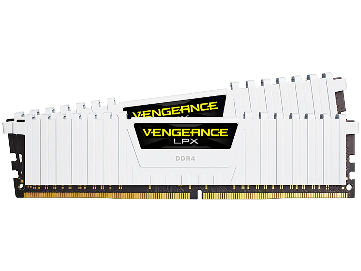 Two white low-profile DDR4 modules with anodized aluminum heat spreaders, 34mm tall