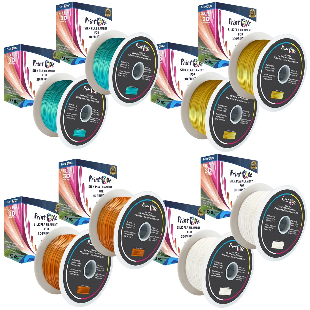 PrintOxe PrintOxe PLA Silk Filament 8 Pack 1.75mm 8kg 2W 2O 2Y 2G — photo du produit