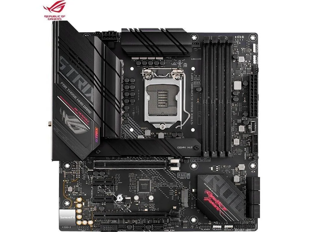 Micro ATX motherboard with black PCB and silver heatsinks