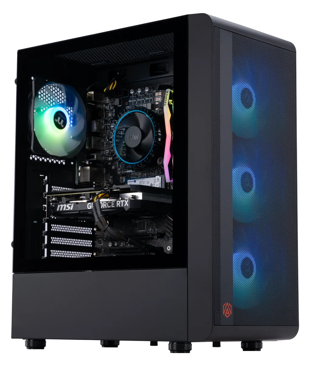 Black mid-tower gaming desktop with RGB memory visible through side panel