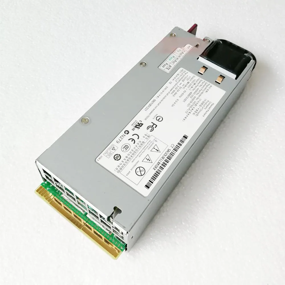 Rectangular silver server power supply unit with rear fan grille and power socket