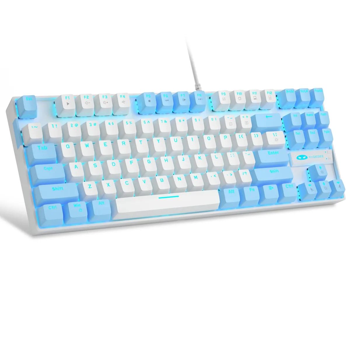 White tenkeyless mechanical keyboard with blue LED backlighting and purple accent keycaps, metal top panel, honeycomb design