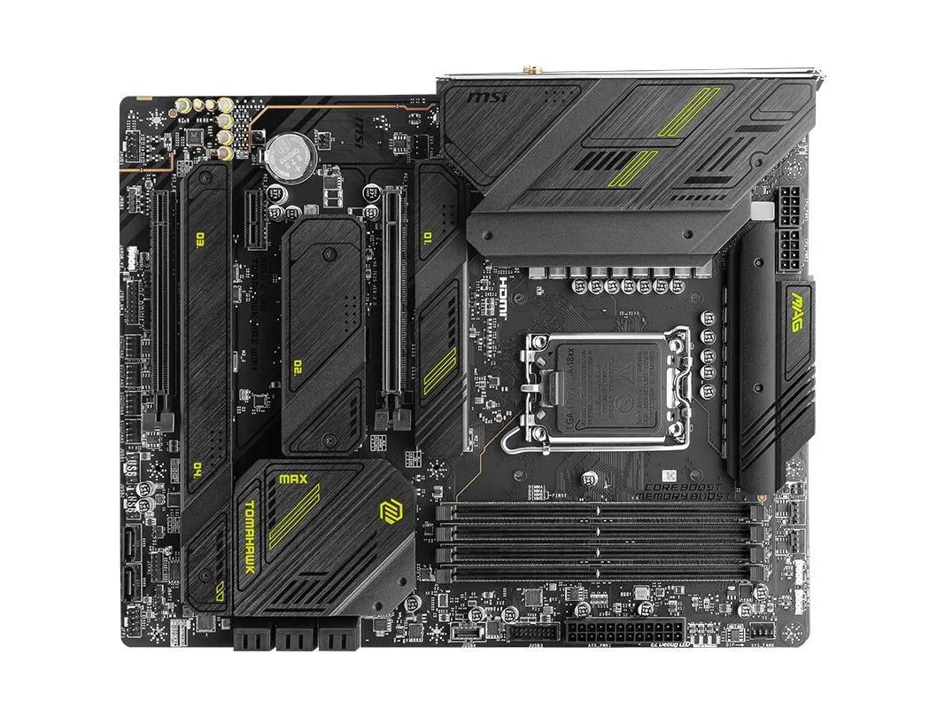 ATX motherboard dark grey heatshields LGA 1700 socket Pcie slots M.2 covers rear IO shield