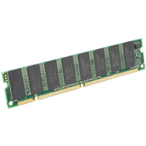 Green rectangular circuit board with gold edge connector and black memory chips