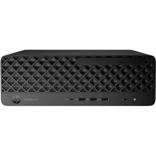Compact black tower desktop standing upright with smooth matte finish