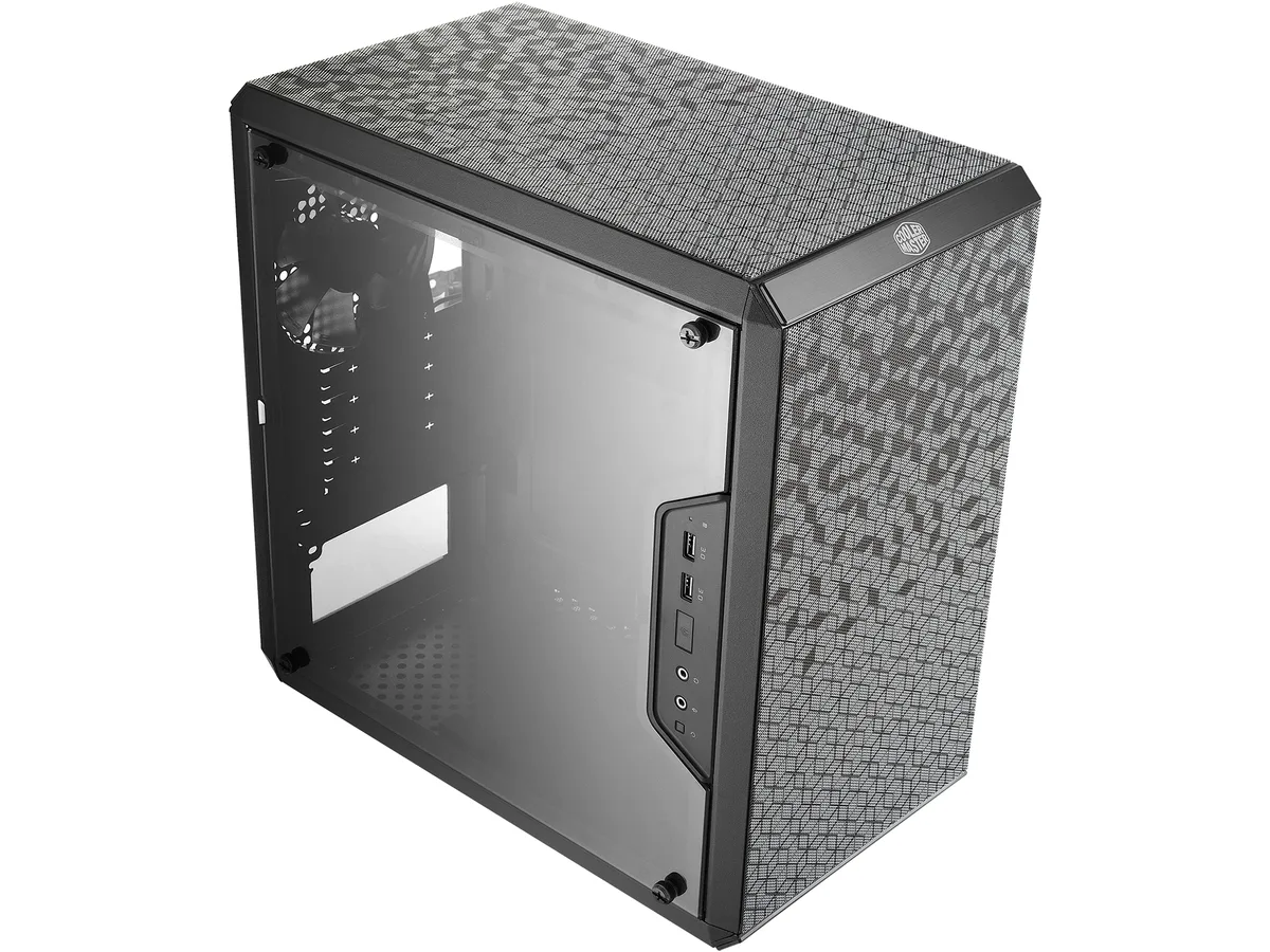Black micro-ATX tower with acrylic side window and perforated front panel