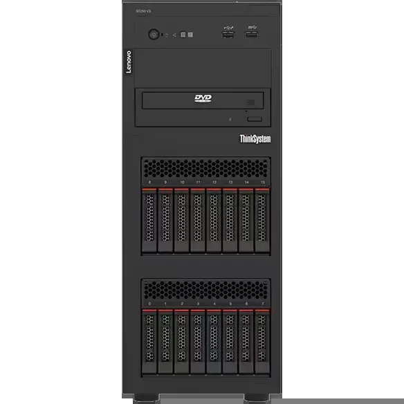 Lenovo ThinkSystem ST250 V3 tower server in black chassis with front drive bays and ports