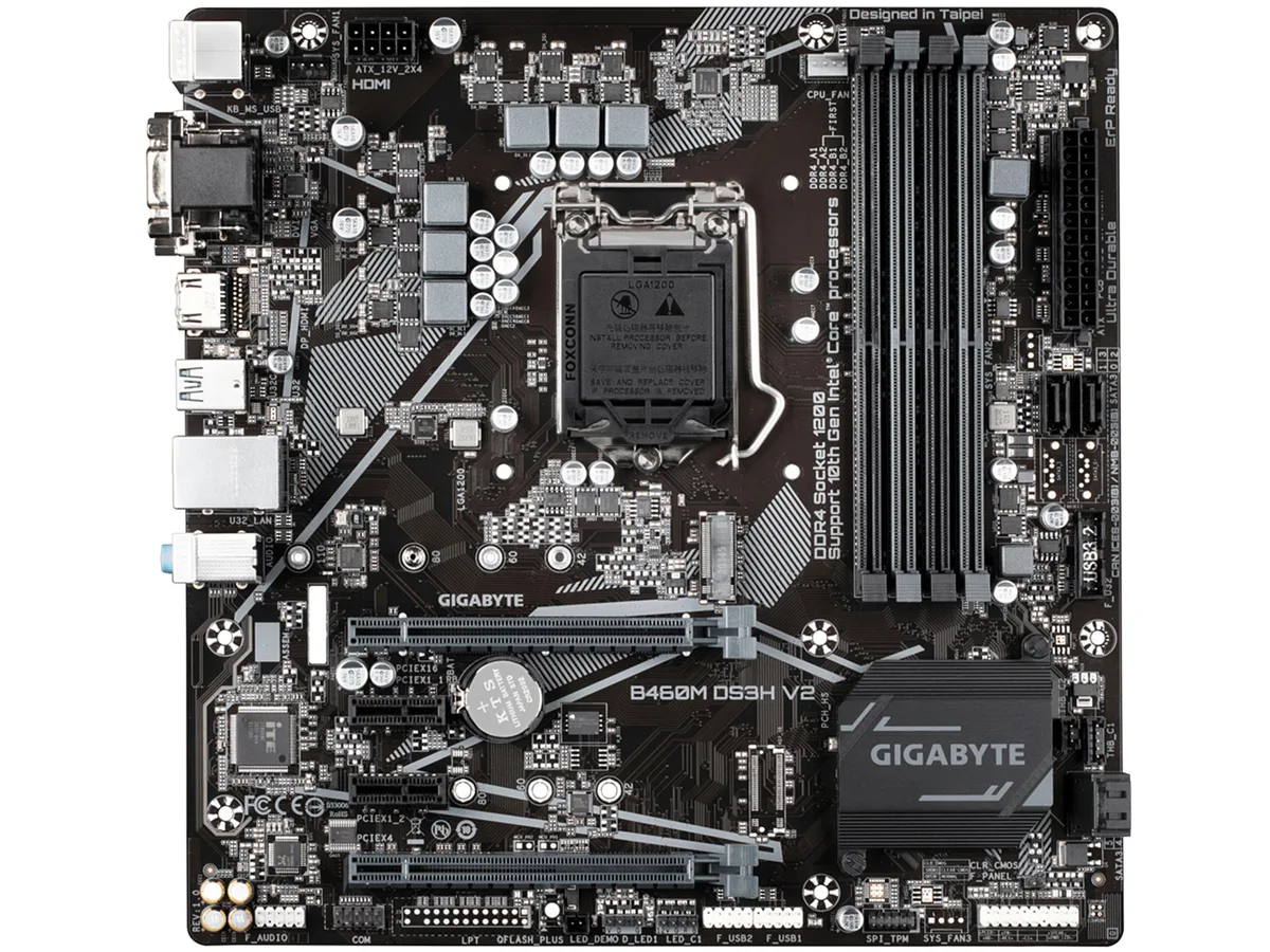 Micro-ATX board in matte black with four DDR4 slots, two full-length PCIe slots, one M.2 slot and rear I/O including HDMI, DVI, D-Sub