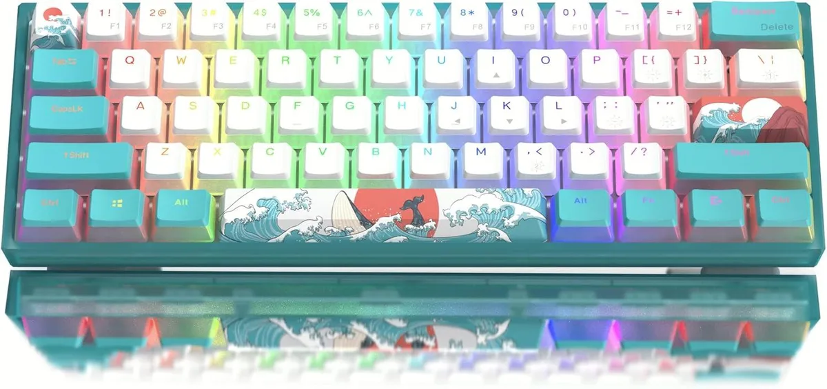 Compact 60 percent mechanical keyboard with matte translucent blue case and RGB lighting