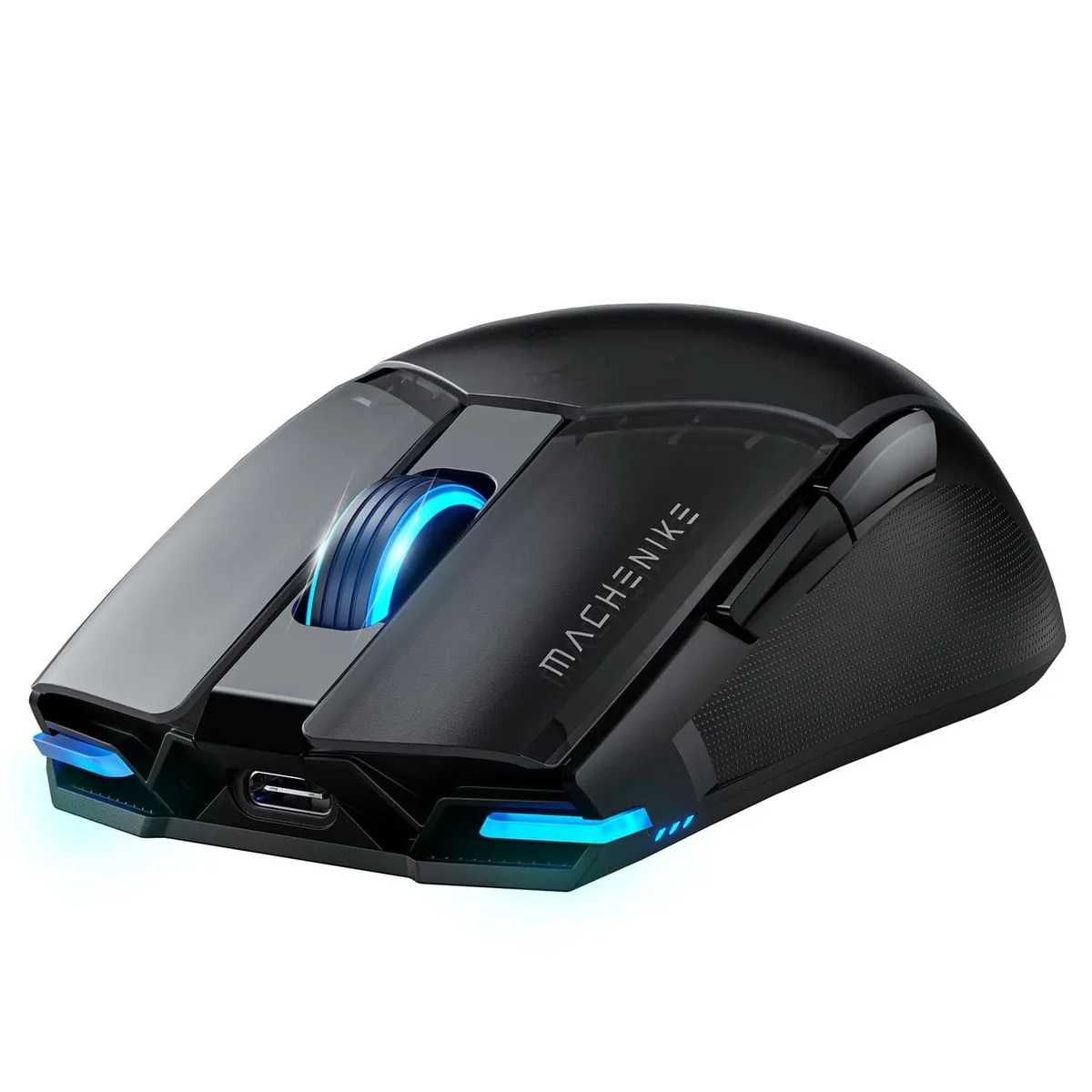 Black right-handed gaming mouse with frosted translucent finish, 16 buttons, 74g