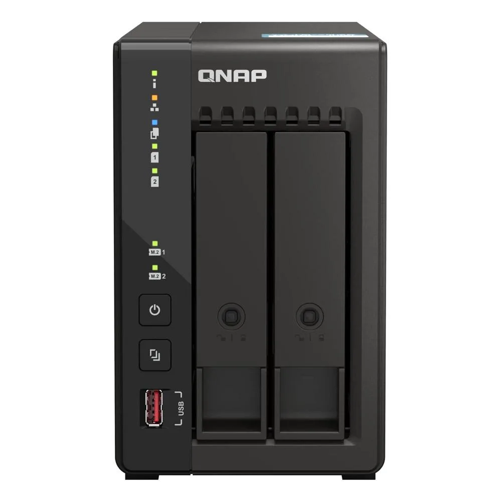 Compact silver desktop NAS with two drive bays and front status lights