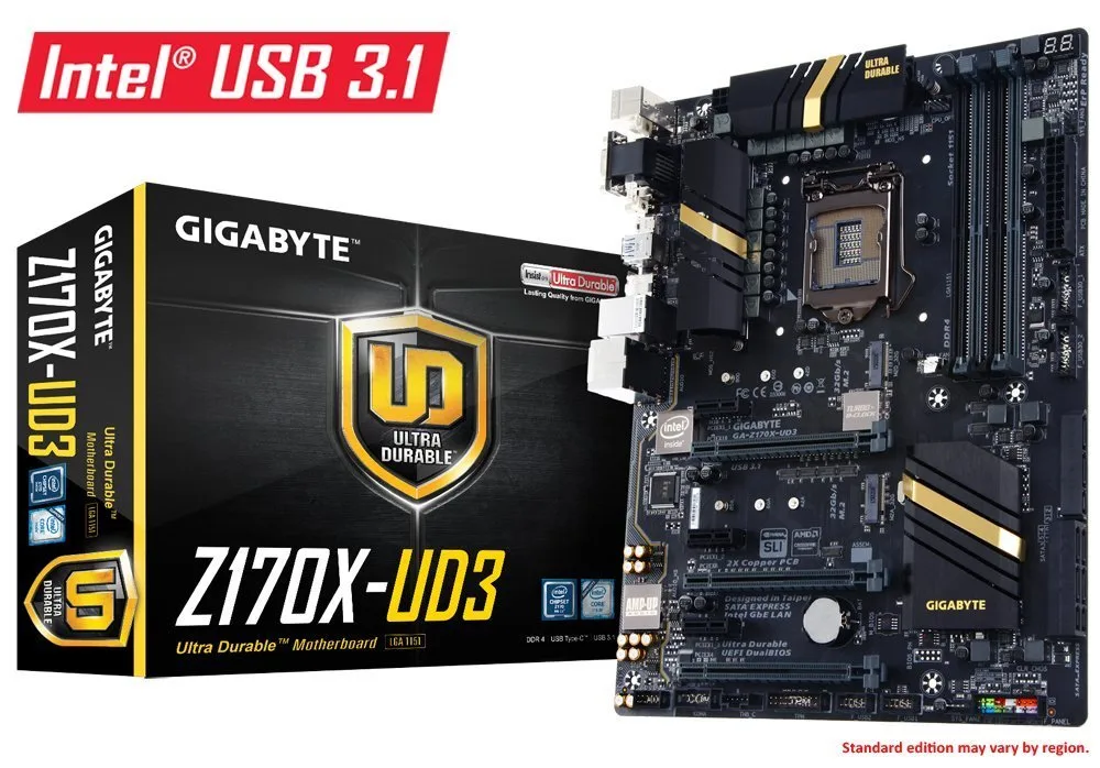 Rectangular ATX motherboard with black PCB, silver heatsinks, four DDR4 slots, multiple PCIe slots, rear I/O shield visible