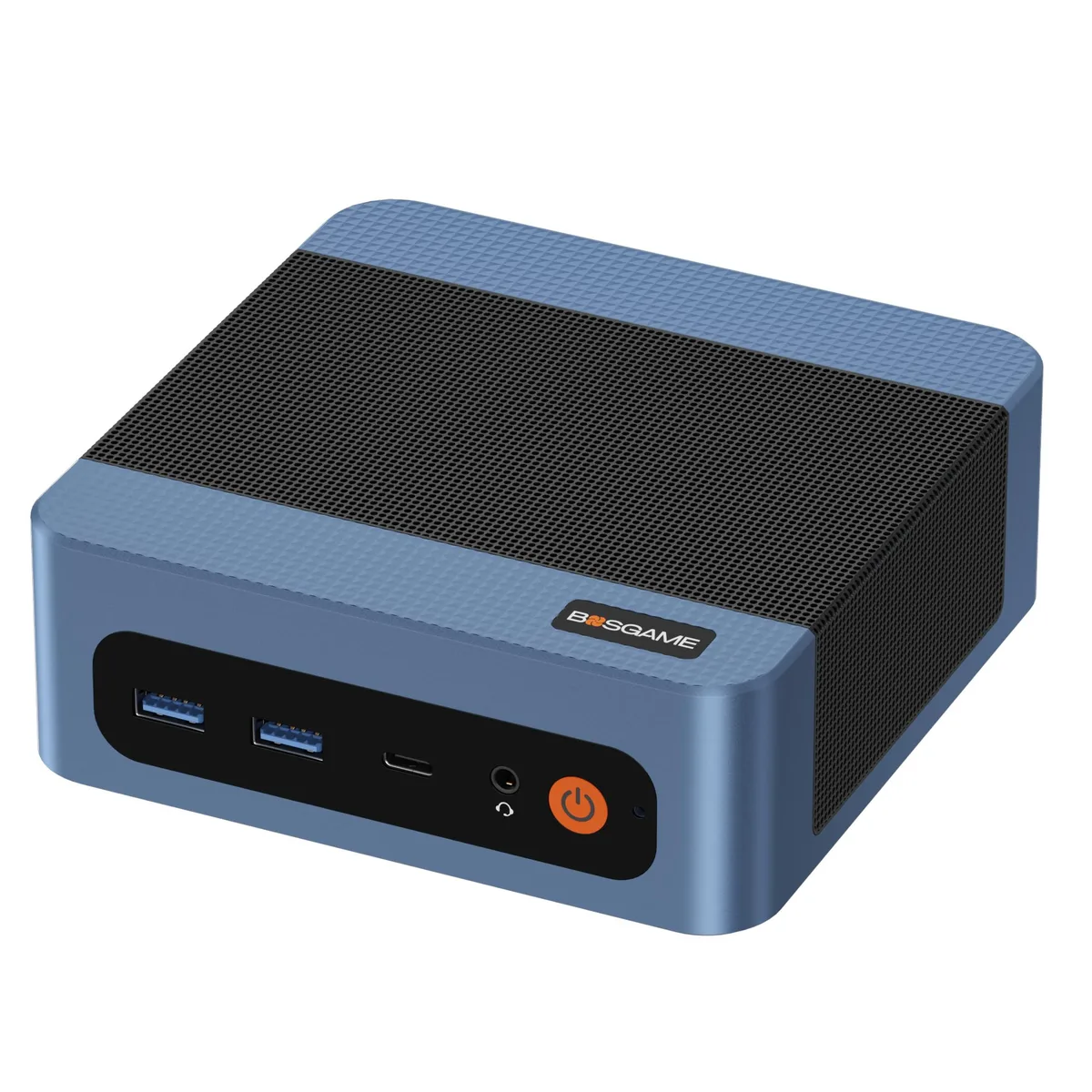 Compact square mini PC in dark finish with front ports and top logo
