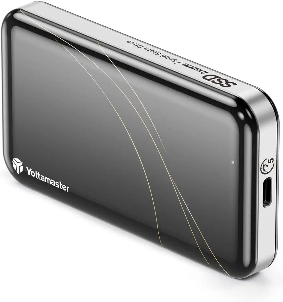 Black aluminium portable SSD enclosure with USB-C cable