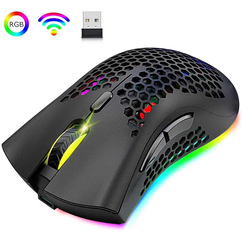 Black honeycomb-shell gaming mouse with RGB lighting and USB receiver