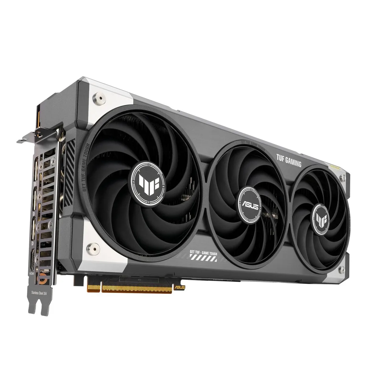 ASUS TUF Gaming Radeon RX 9070 XT triple-fan graphics card in dark grey and black finish