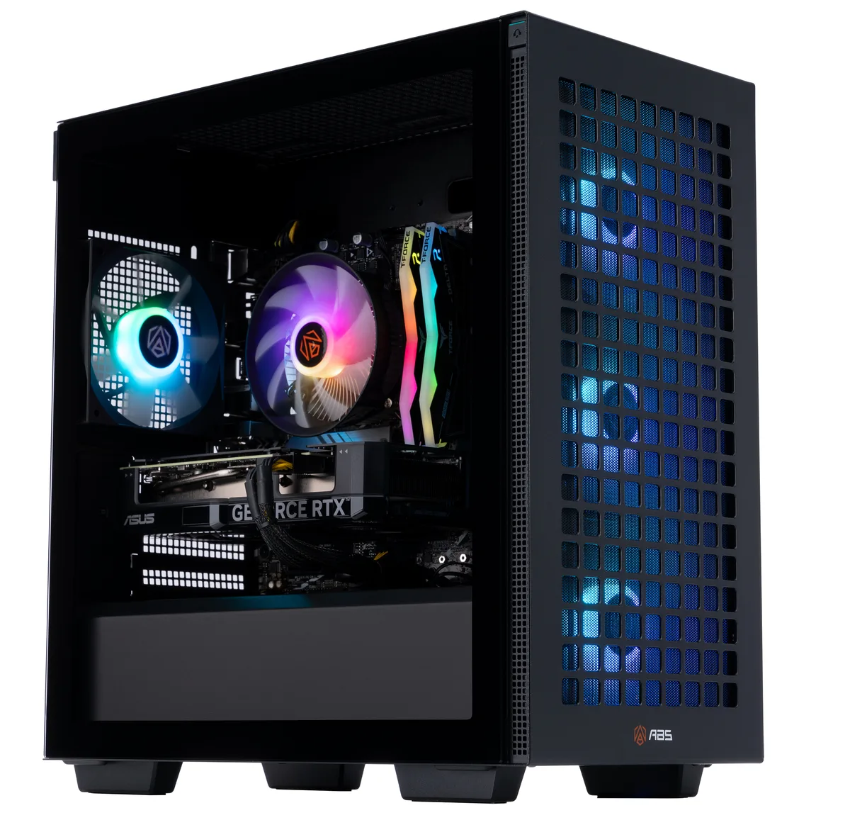 Black mid-tower gaming desktop with RGB lighting visible through glass side panel