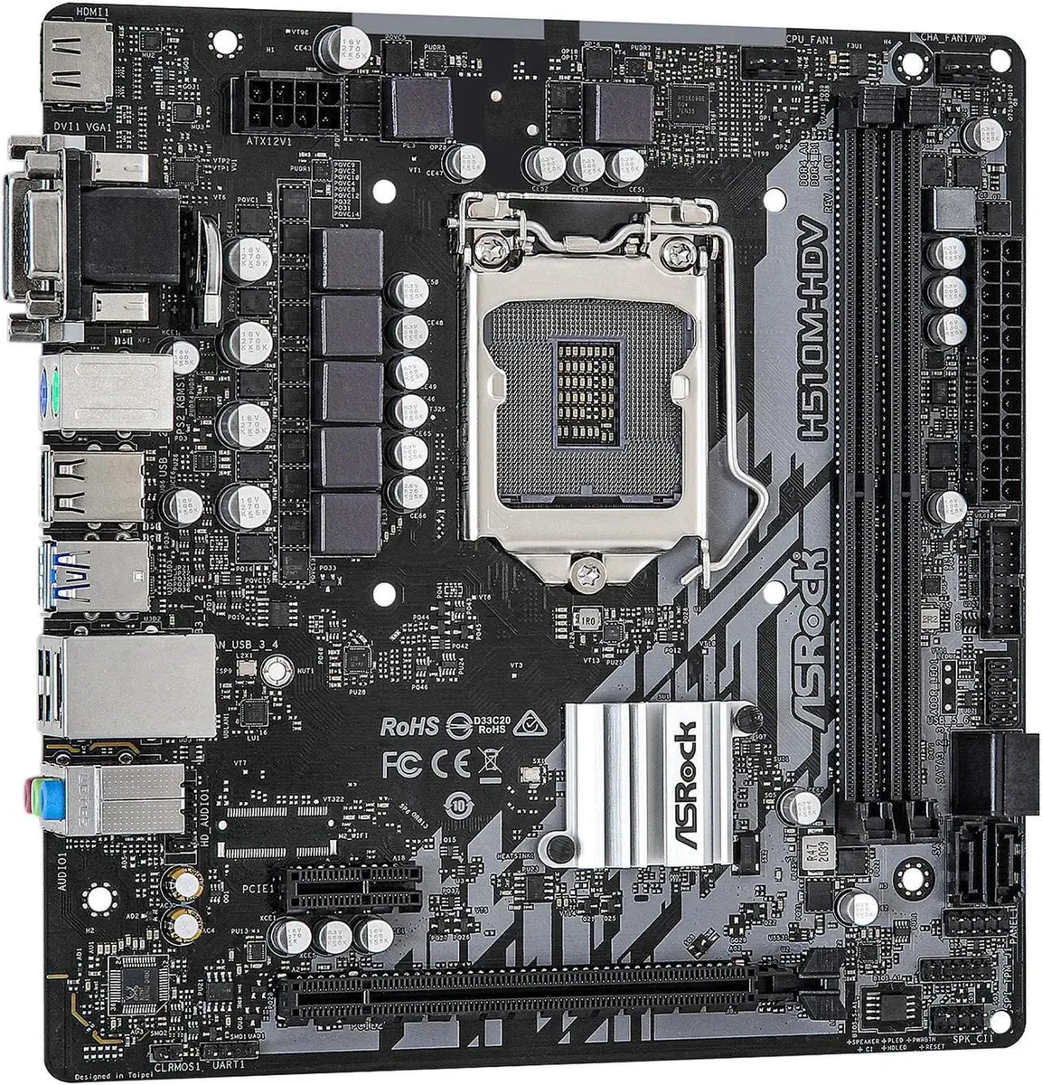 Green micro-ATX board with silver LGA 1200 socket, two DDR4 slots, PCIe x16 and x1 slots, four SATA ports, rear D-Sub, DVI-D, HDMI