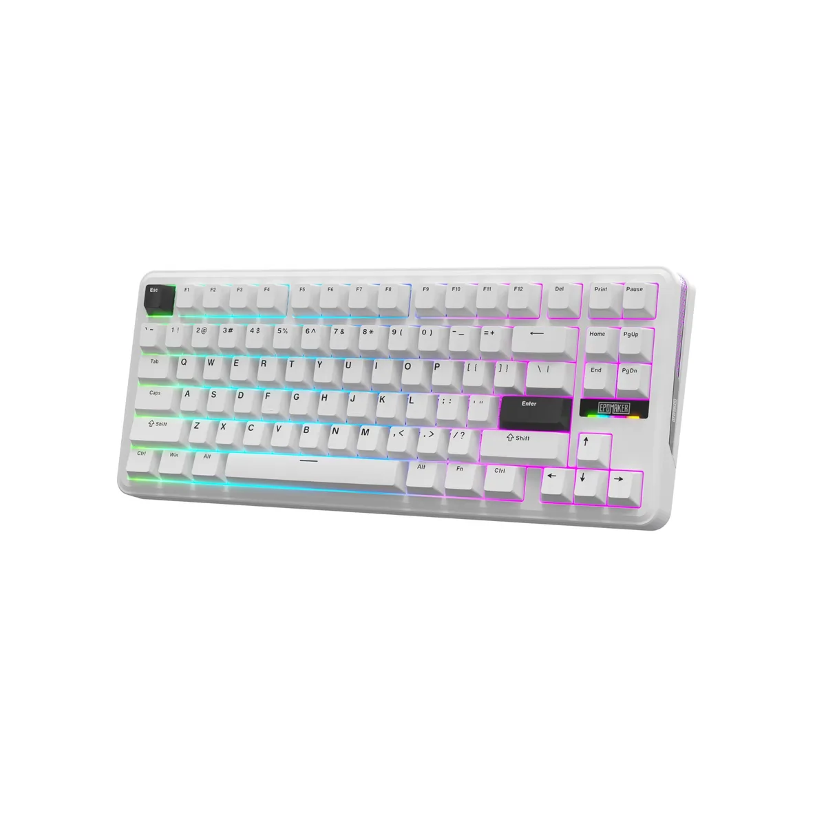 White 75% wireless mechanical keyboard with 84 keys and RGB lighting around the top frame