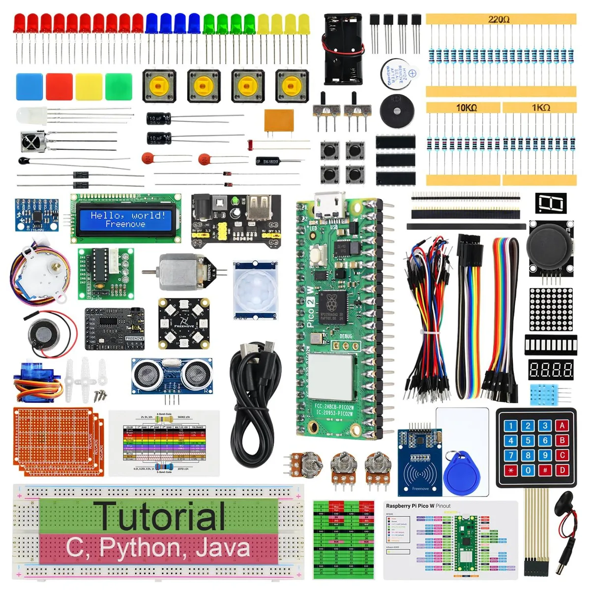 Cardboard box with Raspberry Pi Pico 2 W board and assorted electronic components inside