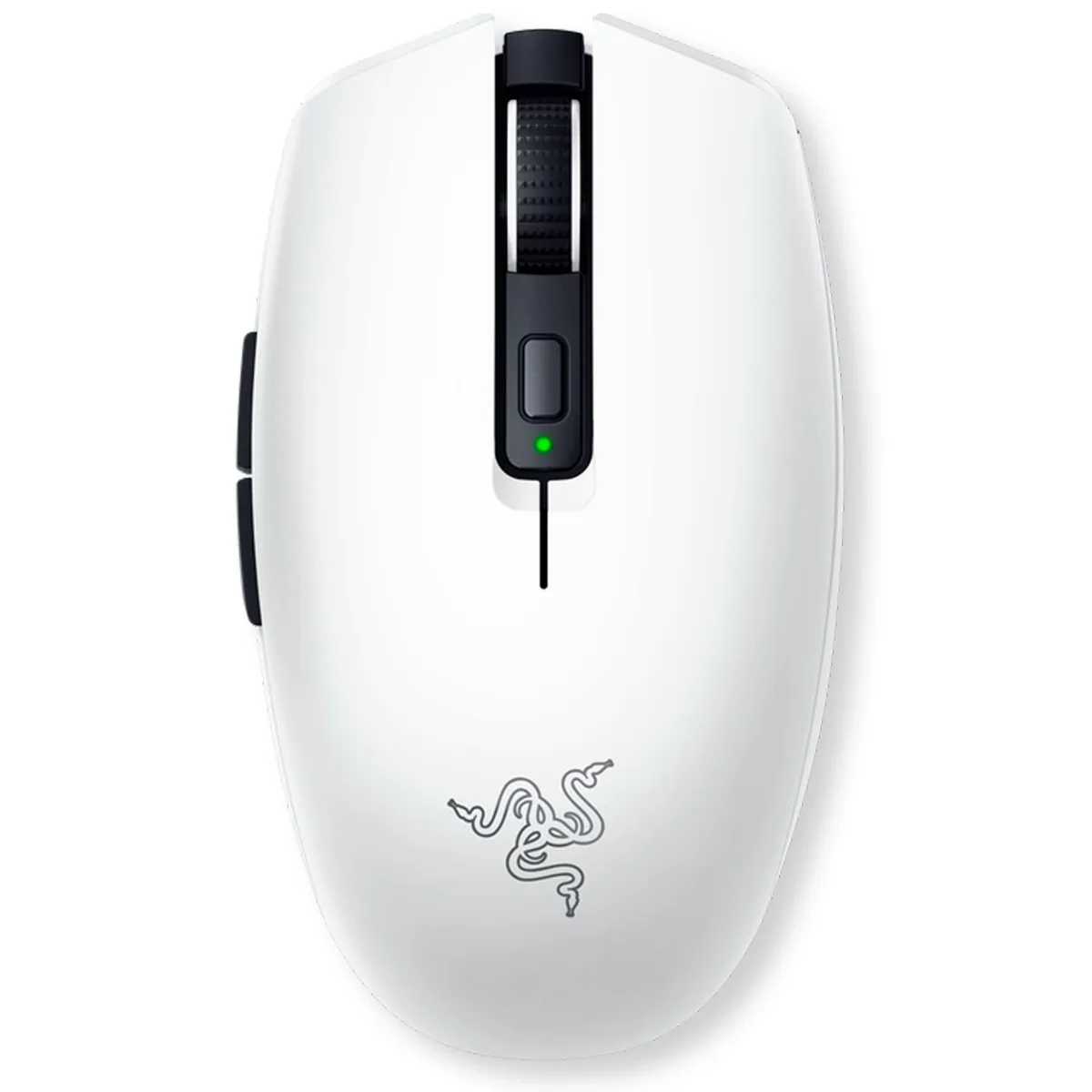A small white wireless gaming mouse with a raised arch and thumb groove