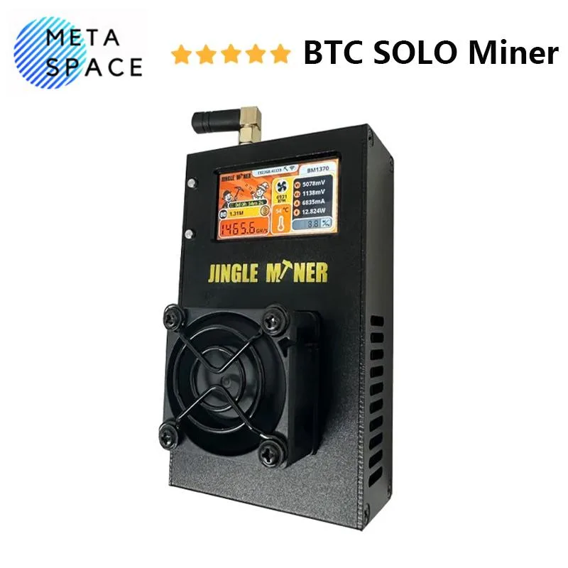 Small rectangular ASIC miner in dark casing, 114.4 by 66 by 58 mm, 0.25 kg, air-cooled with built-in fan, 5V power port visible