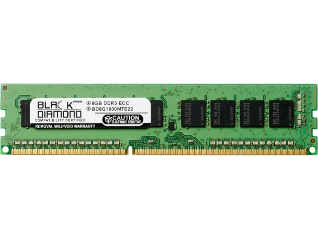 Green circuit board with black memory chips and gold edge connectors
