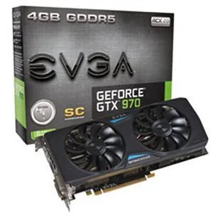 EVGA GeForce GTX 970 graphics card with dual-fan ACX 2.0 cooler and metal backplate