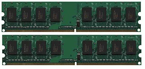 Two green DDR2 DIMM modules with gold contacts