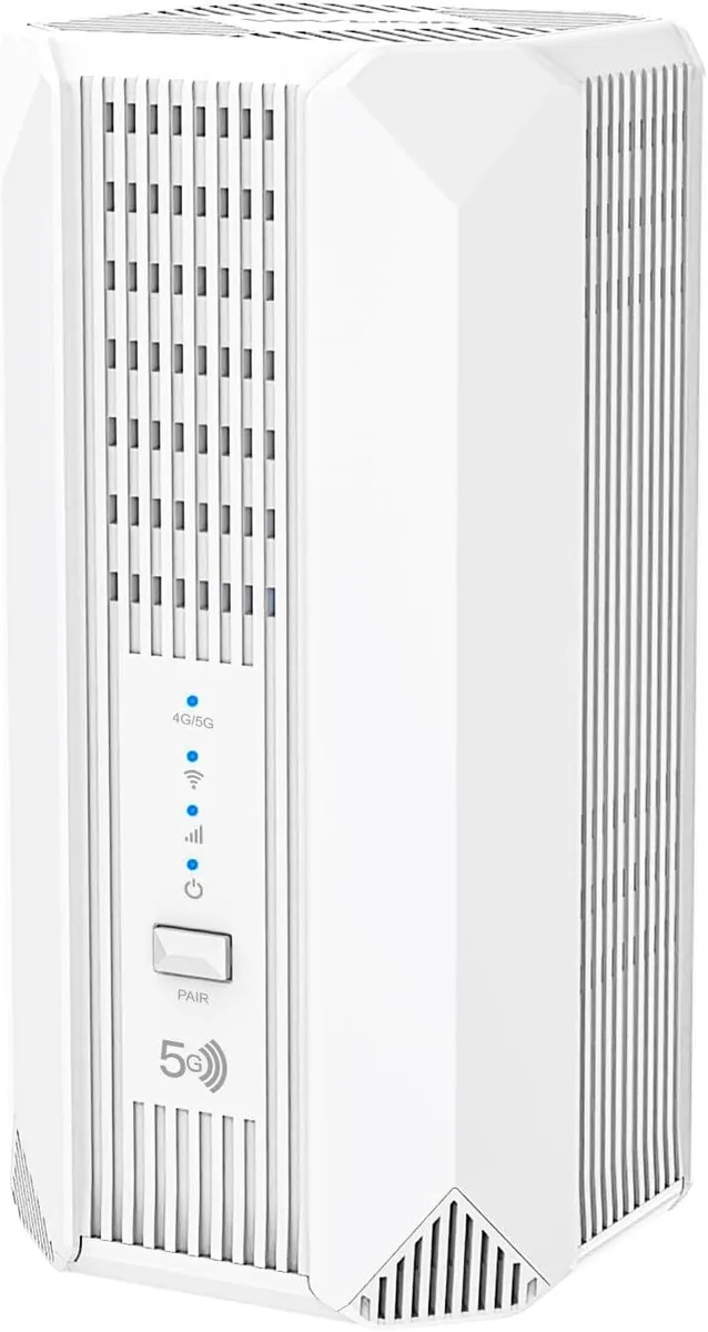 White rectangular router with nine internal antennas and front LED indicators