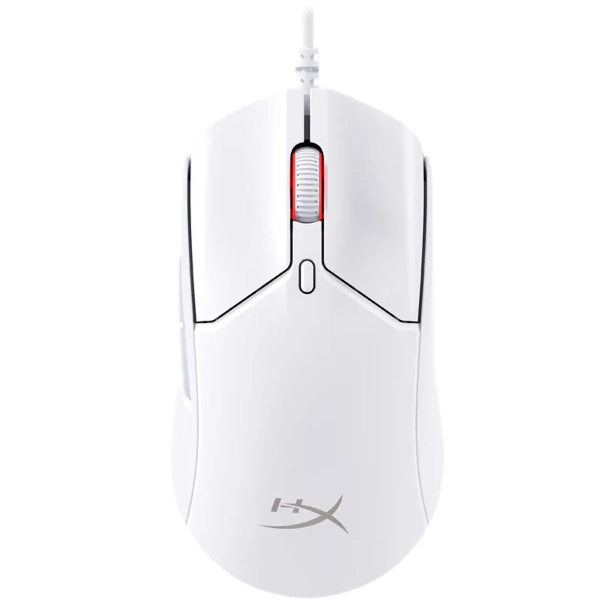 White wired gaming mouse with solid lightweight shell, flexible cable and PTFE feet