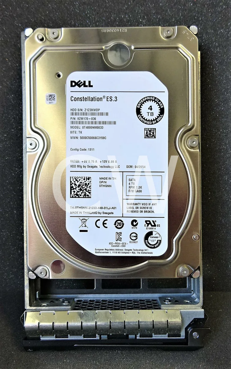 Silver 3.5 inch SATA hard drive with black label and mounted caddy tray