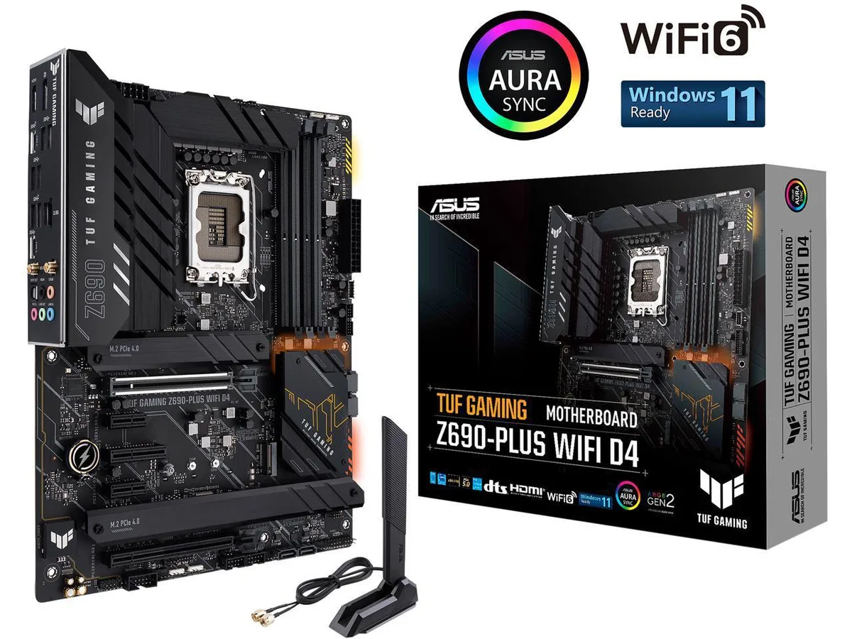 ATX motherboard with black and yellow heatsinks, four M.2 slots, DDR4 memory slots, and PCIe 5.0 graphics slot