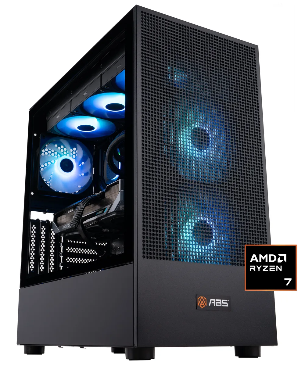 Black mid-tower case with mesh front panel and tempered glass side panel