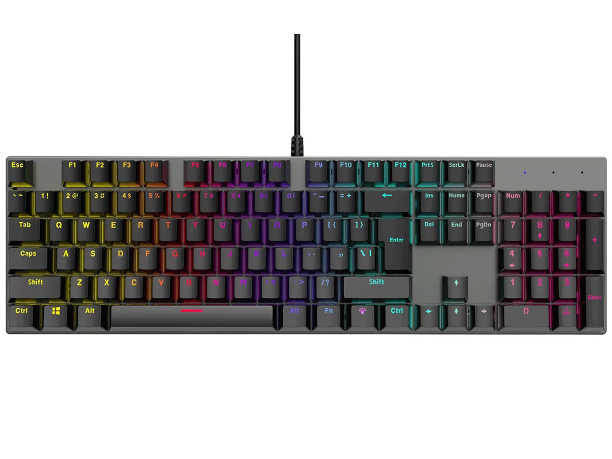 Black full-size mechanical keyboard with blue switches and rainbow LED backlighting