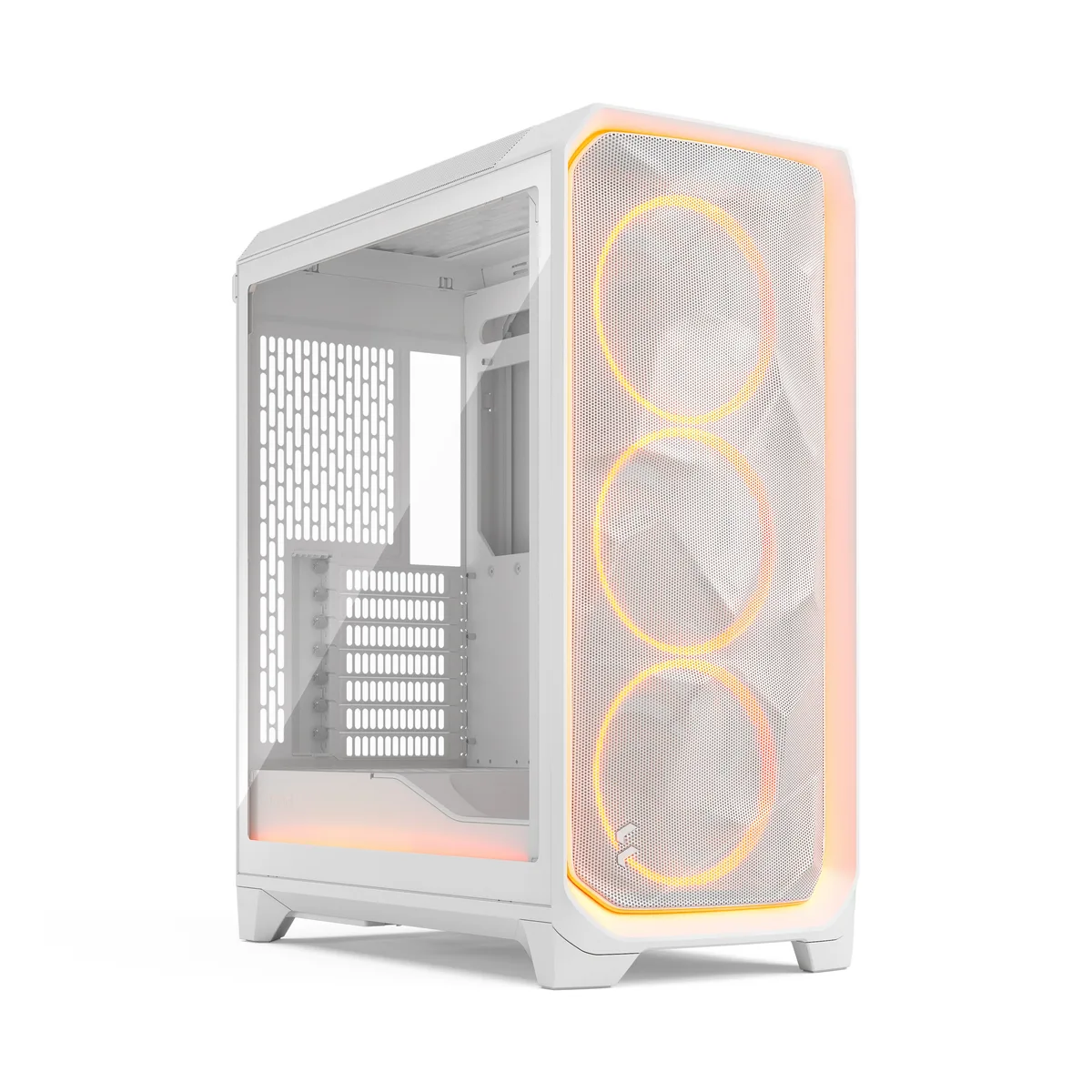 White mid-tower case with mesh front panel, clear tempered glass side panel, three 140 mm RGB fans visible inside