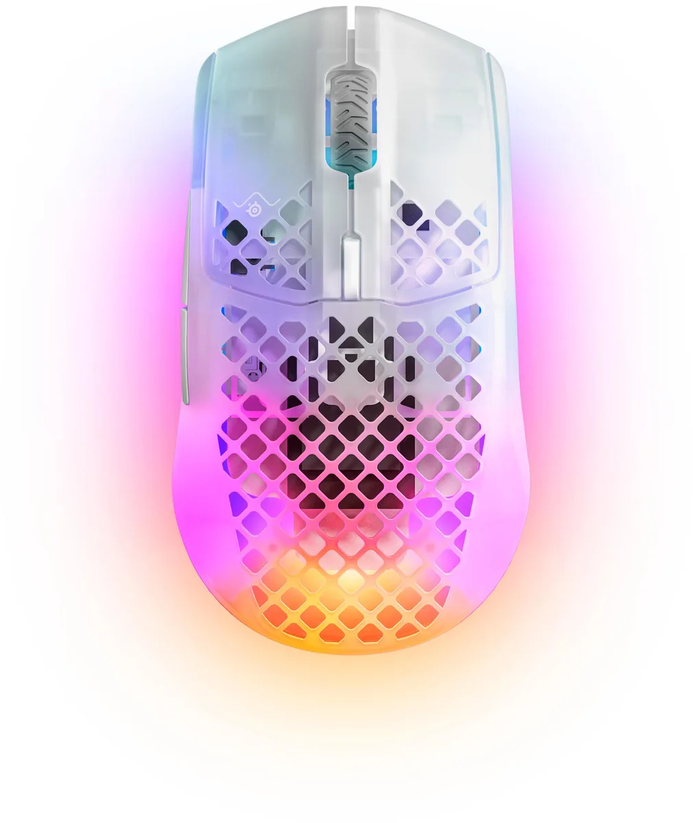 White wireless gaming mouse with translucent perforated shell, 68g ultra-lightweight design