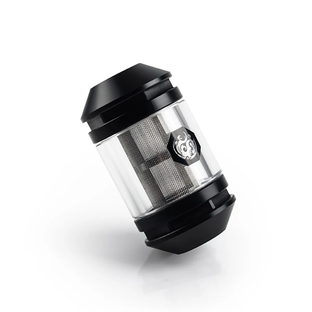 Black cylindrical inline filter with clear acrylic tube and G1/4 female threads