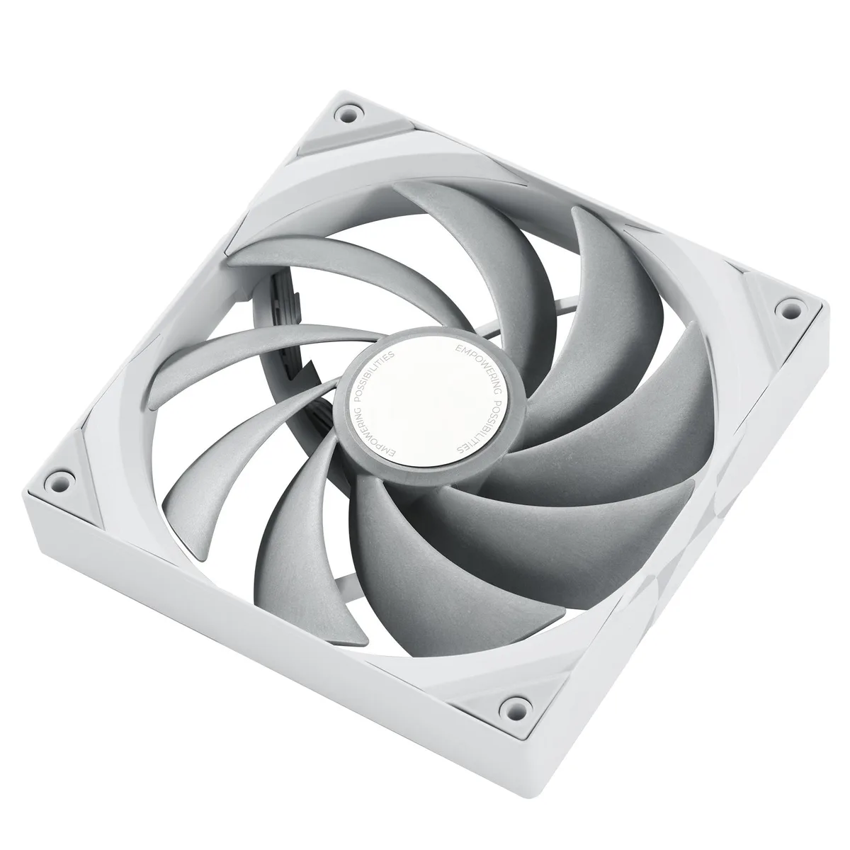 White 140mm square case fan with translucent blades and black frame