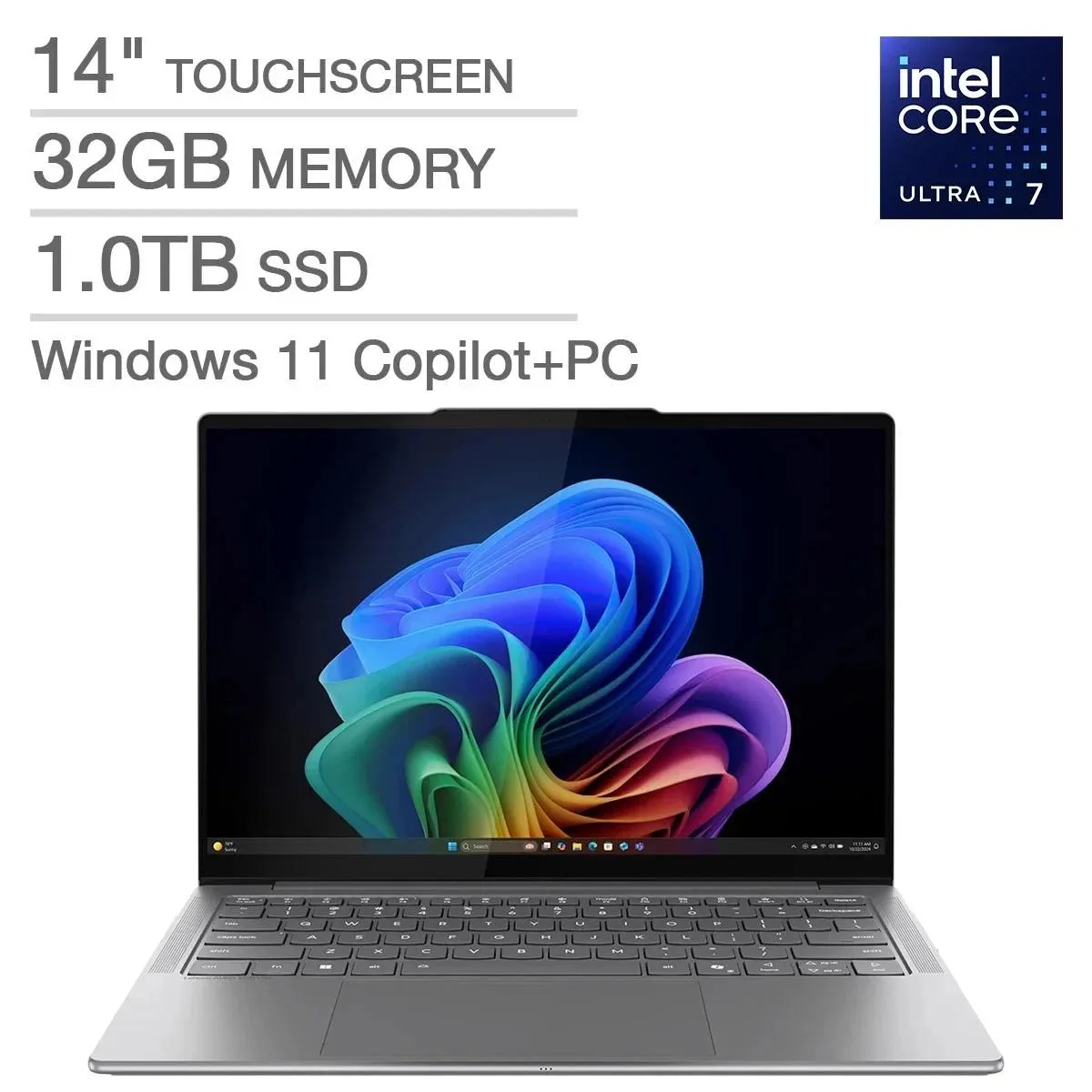 Slim grey 14-inch OLED touchscreen laptop with backlit keyboard