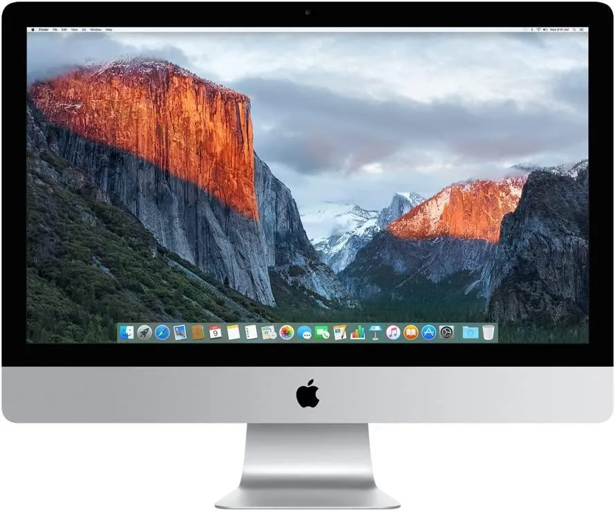 Silver aluminium all-in-one desktop with 27 inch display keyboard and mouse