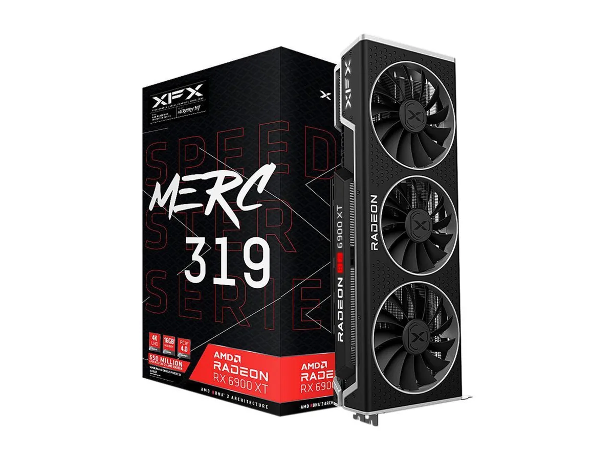 Triple-fan graphics card in matte black finish with angular shroud and metallic accents