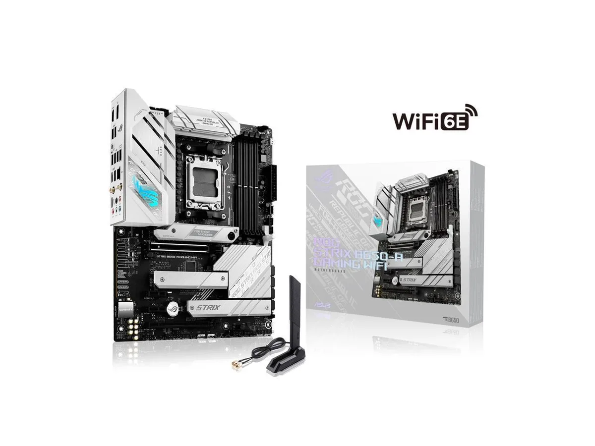 Black ATX motherboard with silver VRM heatsinks, white ROG lettering, and integrated rear I/O shield