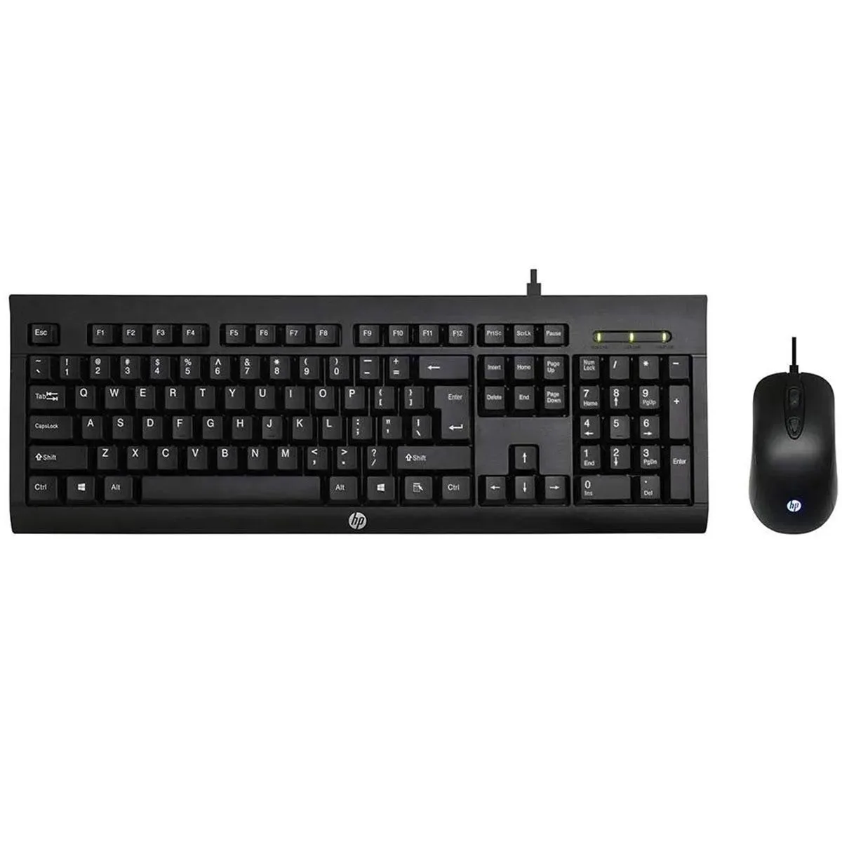 Black full-size keyboard with height adjustment and matching wired optical mouse, both matte plastic finish