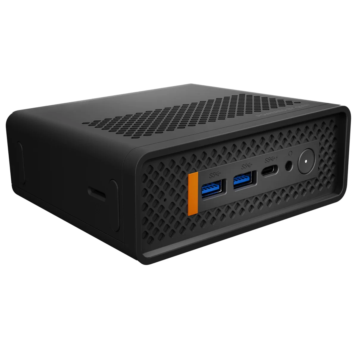 Small black square desktop mini PC with rounded edges, matte finish, front USB-C and USB-A ports, rear dual HDMI