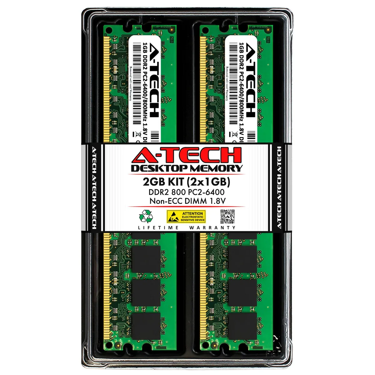 Two green DDR2 DIMM sticks, 240-pin, black chips, silver contacts