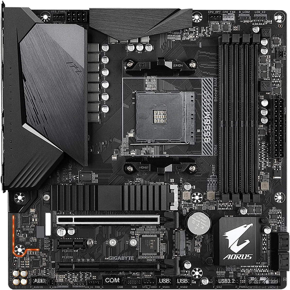 Dark green Micro ATX motherboard with four DDR4 slots, silver AM4 socket, single PCIe x16 slot, two M.2 heatsinks