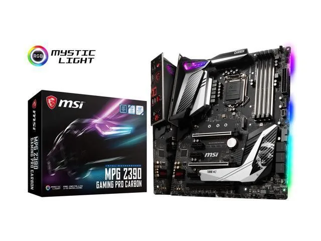 Black ATX motherboard with carbon-fibre pattern heatsinks and four DDR4 slots