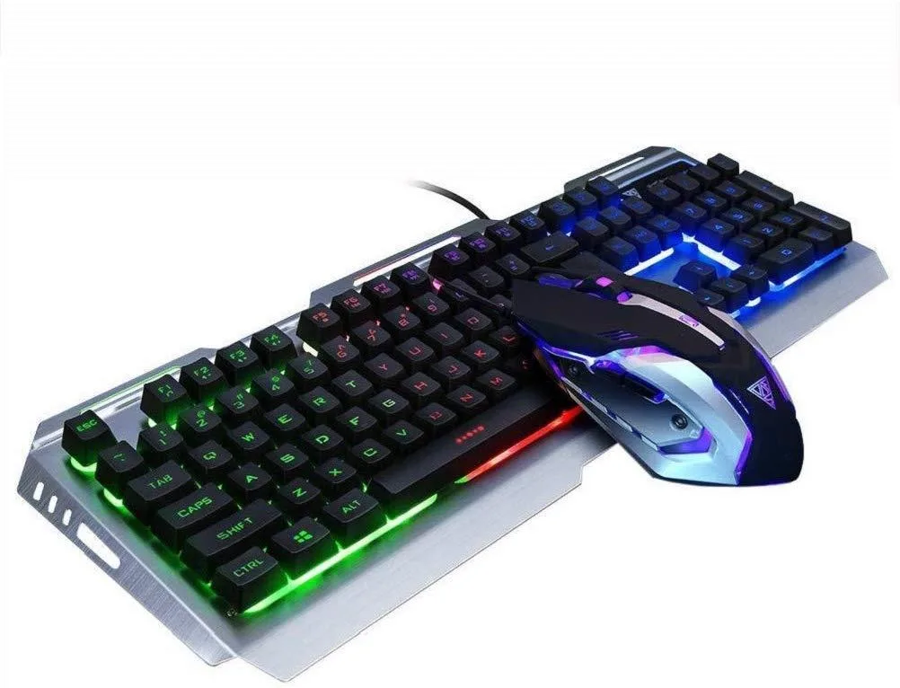 White and gold metallic keyboard and mouse set with rainbow LED backlighting