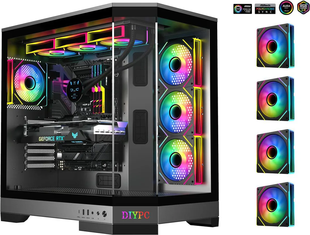 Black steel ATX full tower with three tempered glass side panels and pre-installed ARGB fans
